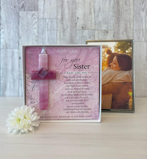 Christian Gift for Sister - Handmade in USA Glass Cross for Sister with Poem- Sister Gift on Christmas, Mother's Day, Birthday-Sister to Sister Gi...