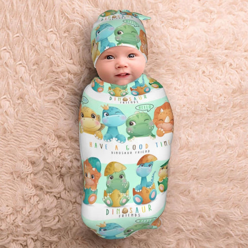 Cartoon Dinosaur Friends Baby Stuff Newborn Swaddle and Hat Set Stretchy Soft Cute Dino Baby Receiving Blanket Gifts for Infant Baby Boy Girl...