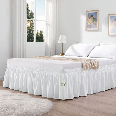 RIMELA White Bed Skirt Queen Size 15 Inch Drop, Elastic Bed Skirting for Bed Base and Frame, Bedding Dust Ruffle Easy to Install, Lightweight Wrap...