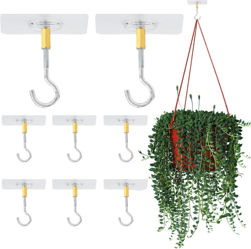 8PCS Ceiling Hooks for Hanging Plants, Self-Adhesive Ceiling Hooks No Drilling, PVC Clear Plant Hooks for Ceiling with Stainless Steel Plant Hooks...