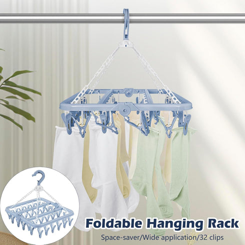 Aolloa Clothes Drying Rack with 32 Clothespins, Bule Foldable Hanging Drying Racks, 360° Rotatable Hook for Drying Towels Bras Baby Clothes Gloves...