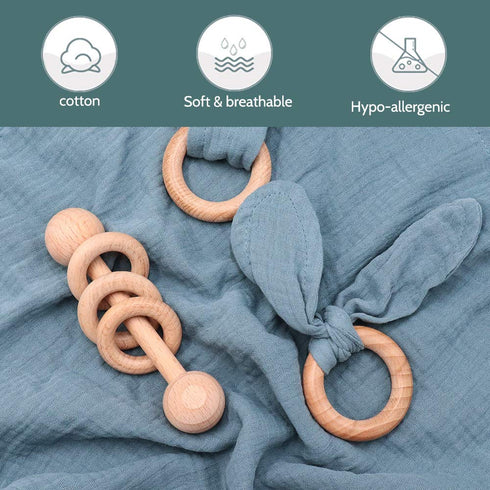Baby Lovey, Wood Rattle, Teether Ring, 3 Pack Montessori Gift, Navy Blue, Cotton, Double Gauze, Baby Shower, Gender Neutral Gift...