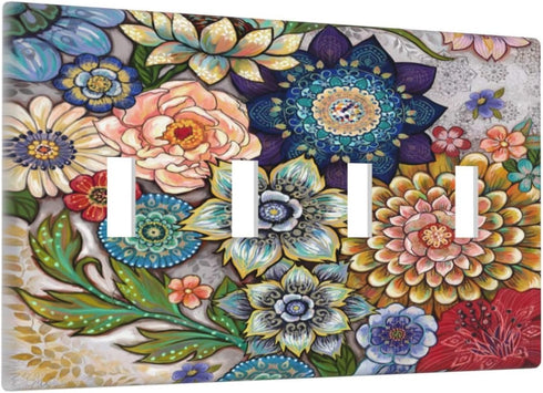 Boho Floral Bright 4 Gang Light Switch Cover Quad Toggle Wall Plate Decorative Electrical Faceplate Standard Size for Bathrooms Bedroom Kitchen Ho...