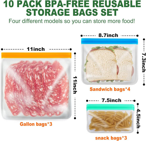 10 Pack Reusable Ziplock Bags Silicone Bags, 3 Large Food Storage Bags Gallon Freezer Bags 4 Reusable Sandwich Bags Zip Lock 3 Snack Bags, Lunch H...
