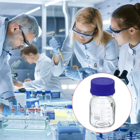 PATIKIL 100mL Reagent Media Bottle, 2Pcs Round Graduated Glass Storage Bottle Blue Screw Cap for Chemistry Lab Universities Home, Clear...
