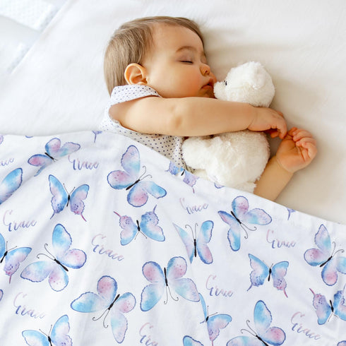 Baby Blanket for Boys Girls Soft Plush Double Layer Minky Fabric with Dotted Backing, Elegant Blue Butterfly Design Grace Blanket Baby Gift for To...