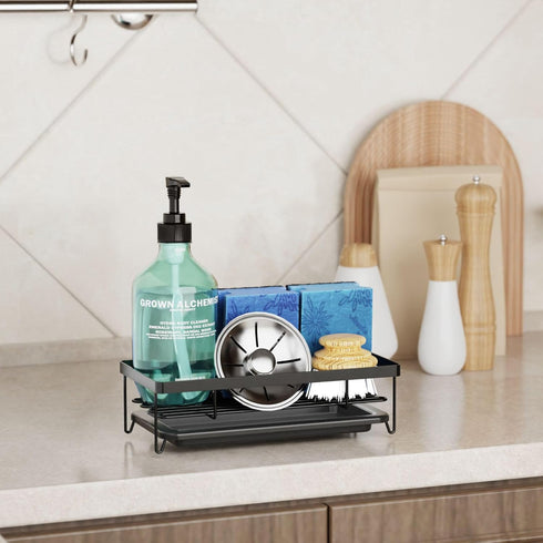 GSlife Sponge Holder Sink Caddy - Large Kitchen Sink Organizer for Brush and Soap, Dish Dispenser Sponge Caddy with Removable Drain Tray, Black...