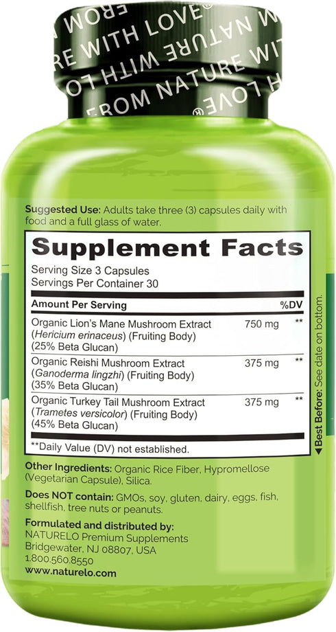 NATURELO Mushroom Supplement – Brain & Immune Health Blend with Lion’s Mane, Reishi, Turkey Tail – 90 Vegan Friendly Capsules...