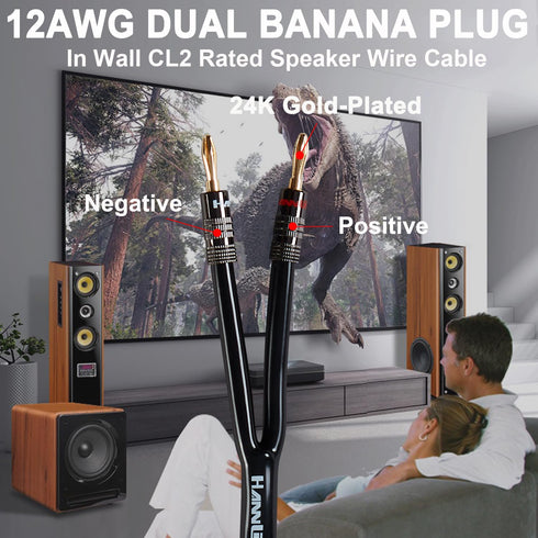 12AWG Speaker Cable (6 Feet), 1 Pack Premium Heavy Duty Braided Speaker Wire with Dual Gold Plated Banana Plug in-Wall CL2 Rated, Oxygen-Free Copp...