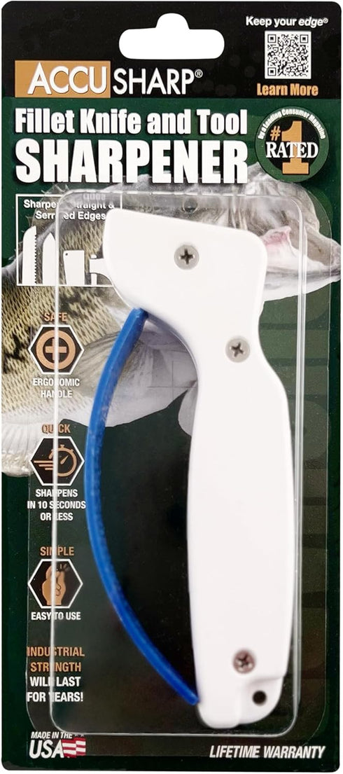 AccuSharp Knife & Tool Sharpener, Restores, Hones & Sharpens Straight & Serrated Knives, Hand-Held Tungsten Carbide Sharpening Tool, White & Blue,...