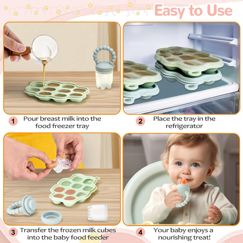 Baby Feeding & Teething Kit, Includes Breastmilk Popsicle Molds, 2 Baby Fruit Food Feeders Pacifiers, 3 Extra Food Pouches, Silicone Teething Toys...