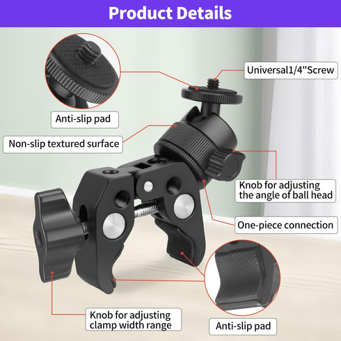 Super Clamp Camera Mount with 360° Ball Head, 1/4" 3/8" Thread, Action Camera Mount, Motorcycle/Bike/Bicycle/Desk/Tripod Pole Mount for Monitor Li...