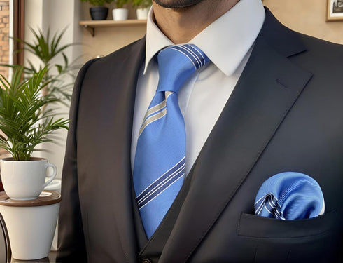 S&W SHLAX&WING Ties for Men Suits Steel Blue Stripes Business Necktie Set with Matching Pocket Square 57.5"...