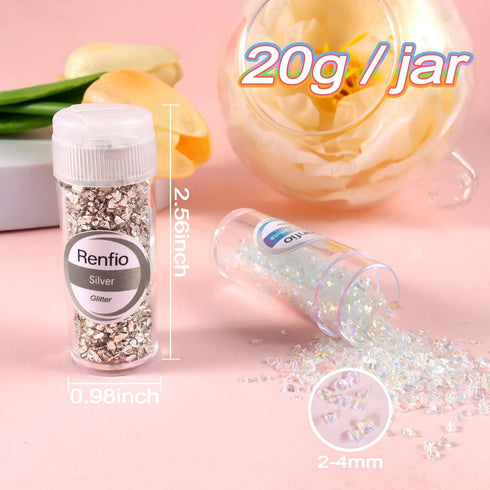 Renfio 32 Colors Broken Crushed Glass Glitter Set, 22.57oz 640g Glitter Shards 2-4mm Irregular Metallic Glass Chips Crystal Chunky Flakes Sequins ...