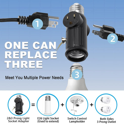 2 PCS Light Socket to Plug Adapter, Both Sides Sockets Support 3 Prong Light Socket Outlet Adapter, Light Bulb Outlet Socket Adapter with Switch C...