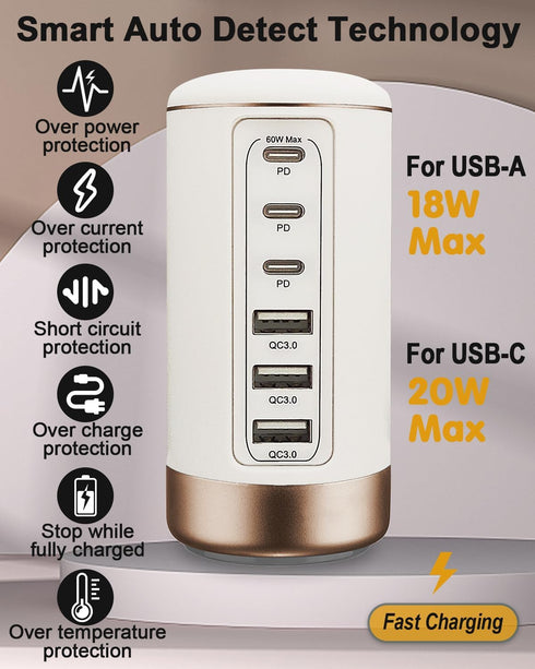 60W USB-C Charging Station for Multiple Devices, Universal 20W USB-C & 18W USB Charging Hub, Smart IC Identification Technology Charging Tower for...