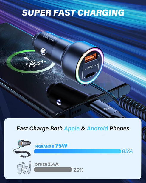 USB C 75W Super Fast Car Charger PD&QC3.0 with 6ft 45W Type C Coiled Cable,for iPhone15/14/iPad Pro/Samsung S23 Ultra/Android Phones......