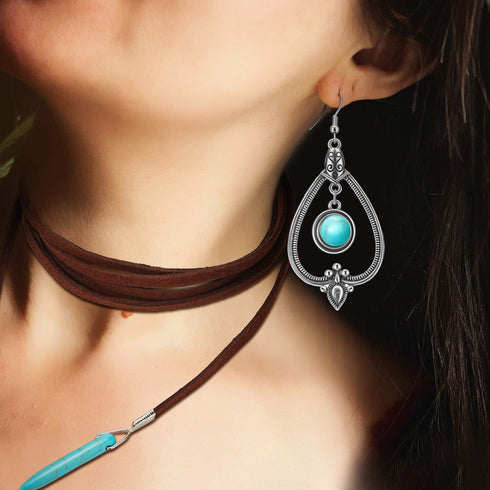 Hicarer Western Jewelry Women Bohemian Turquoise Pendant Long Choker Suede Choker Necklace with Turquoise Statement Dangle Earrings...