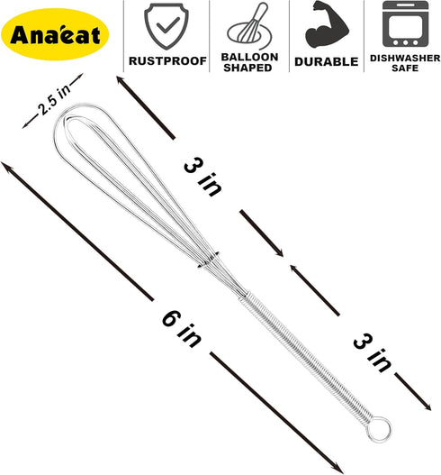 Anaeat 6 Pack Small Wire Whisks, Portable Stainless Steel Kitchen Tiny Whisk & Egg Beater with Thick Wire - Sturdy Mini Mixing Balloon for Cooking...
