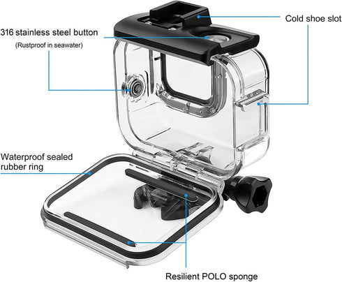 SOONSUN Waterproof Housing Case for GoPro Hero 8 Black, Built-in Dual Cold Shoe Slots and Includes 2 Clod Shoe Mount Adapters, 196 Ft Underwater P...