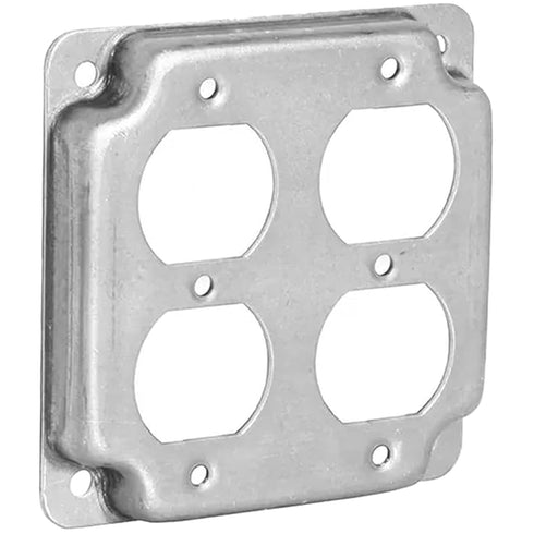 AP-12098, 4" Square Double Duplex Receptacle Electrical Box Cover, 1/2" Raised, Exposed Work, Galvanized Steel, Crushed Corners, 2-Gang...