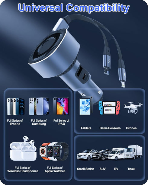 4-in-1 Retractable Car Charger, 60W Ultra-Fast Charging Car Charger, Car Adapter with 40-inch Type C/Lighting Charging Cable, Compatible with iPho...