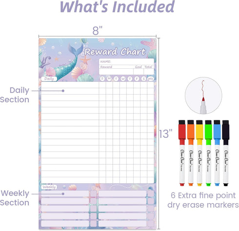 Clever Clean Dry Erase Chores Chart for Kids, Reusable Reward Chart Chart, Non-Magnetic Kids Chore Board Clings to Any Smooth Surfaces, 6 Whiteboa...