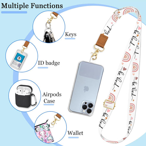 Phone Lanyard Wrist Strap Crossbody, Be Kind Cell Phone Lanyard for Around The Neck Wristlet Adjustable Phone Strap, Rainbow Cute Lanyard for Keys...