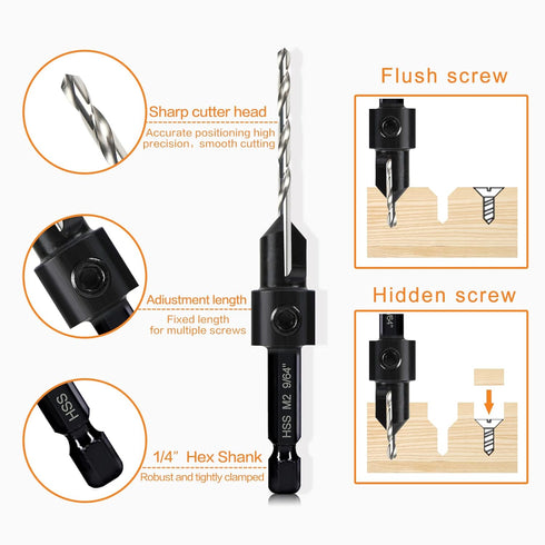 5-pc Woodworking Countersink Counterbore Drill Bit Set 3in1 for #6 8 10 12 16 Screws, M2 Pilot Drill Bits Adjustable Depth, 82-Degree Chamfer with...