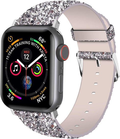 iiteeology Compatible with Apple Watch Band 46mm 45mm 44mm 42mm, Glitter Shiny Bling Leather Band for iWatch Series 10/9/8/7/6/5/4/3/2/1/SE - Silv...