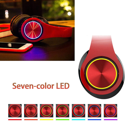 Bluetooth Headphones Over Ear Headphones with Deep Bass LED Foldable Stereo Headphones, Wired and Wireless Headset for Smart Phone/TV/PC(Red/Black...