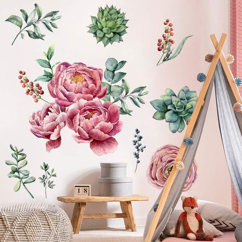 Amaonm Removable 3D Beautiful Pink Red Peony Flowers with Green Plants Leaf Wall Decal Wall Stickers DIY Peel and Stick Art Decor for Kids Girls B...