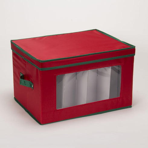 Household Essentials 540RED Holiday China Storage Chest with Lid and Handles, Cocktail Glasses and Red Canvas with Green Trim...