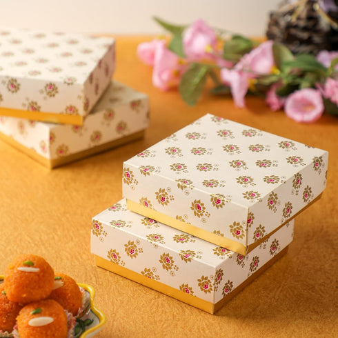 Desi Favors Floral Printed Sweet Boxes for Indian Sweets, Cookies, Goodies, Mithai, Candy, Gift Boxes with Lids Bulk, Handmade Bulk Mithai Box, Fa...