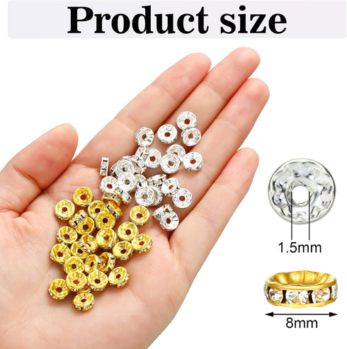 Hicarer 800 Pieces Round Rondelle Spacer Beads Crystal Rhinestone Loose Charm Beads for Jewelry Making(8 mm,Gold, Silver)...
