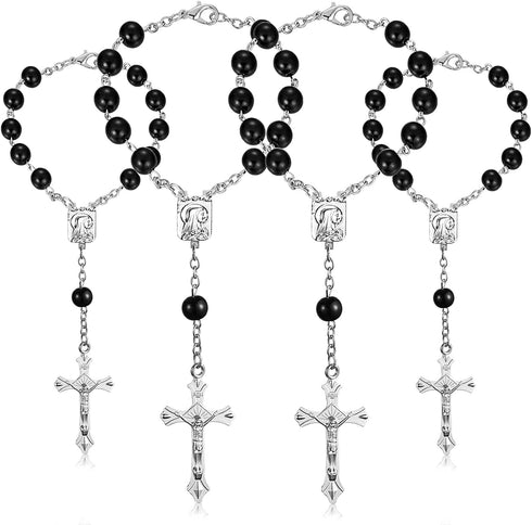4 Pieces Auto Rosary for Rearview Mirror Pearl Glass Beads Catholic Bracelet Rosary Beads Catholic for Woman Men Car Rosary with Cross Crucifix Ro...
