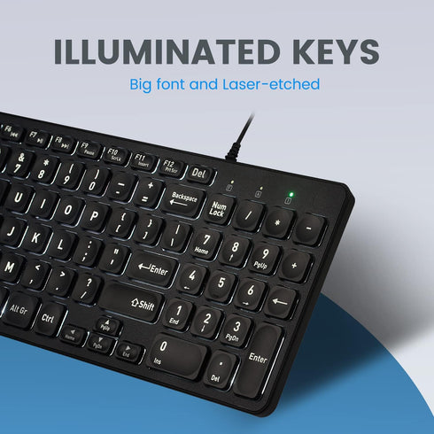 Perixx PERIBOARD-333B Wired Backlit USB Keyboard- X Type Scissor Keys - Compact 14.25x4.57 Inches - Big Print Letters - White Backlit - US English...