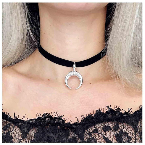 Punk Moon Leather Choker Necklace Black Leather Cord Necklace Silver Moon Pendant Necklace Gothic Velvet Collar Necklace Chain Jewelry for Women a...