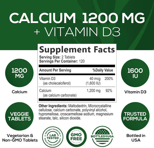 Calcium 1200 mg with Vitamin D3, Calcium Supplement Vitamins, Supports Bone Strength, Teeth & Immune System, Calcium Supplements for Women & Men, ...