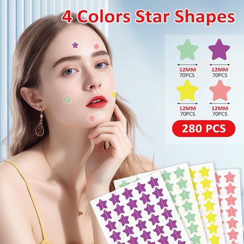 280 Counts Acne Patches for Face,Hydrocolloid Pimple Patches with Salicylic Acid,Tea Tree Oil and Centella Extract,Cute Star Zit Cover Patches,Col...