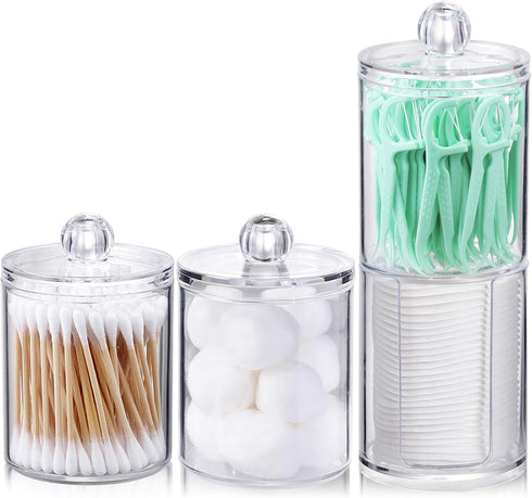 AOZITA 4 Pcs, Acrylic Qtip Holder Dispenser for Cotton Swab, Ball, Round Pads, Floss Picks - Clear Plastic Apothecary Jar Set for Bathroom Caniste...