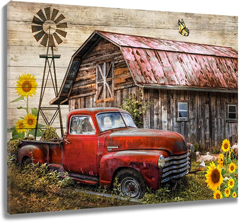 LB Rustic Farmhouse Canvas Wall Art Old Car and Cattle with Barn Framed Canvas Art Farm Cow and Sunflowers Canvas Wall Art Decor for Living Room B...