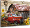 LB Rustic Farmhouse Canvas Wall Art Old Car and Cattle with Barn Framed Canvas Art Farm Cow and Sunflowers Canvas Wall Art Decor for Living Room B...