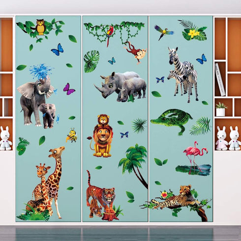 Amaonm Creative Giant Removable Cartoon Zoo Wild Jungle Animals 3D DIY Lion Giraffe Elephant Tree Wall Decals Nursery Decor for Kids Bedroom Livin...