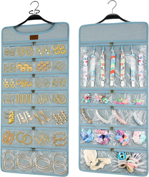 SMRITI Hanging Jewelry Organizer with Dual Zippered Pockets Canvas Double Sided Rotating Hanger Necklace Hanging Wall Organizer Earring Dustproof ...