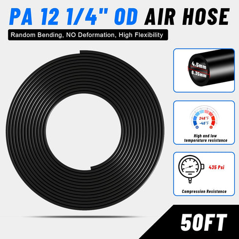 Air Line Tubing Kit, DOT 1/4 Inch OD 50 Feet (15 Meters) PA Air Line and Push to Connect Fittings, 15 Pcs Nylon Hose Tubing Compressed Pipe and Ac...