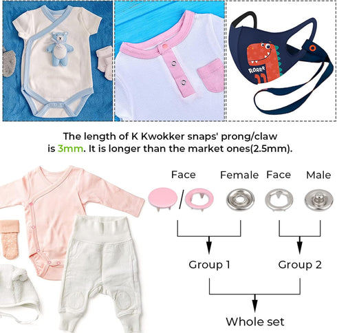 K Kwokker Snaps Buttons for Sewing with Snap Pliers 9.5mm ???? ???????????? Metal Snaps for Clothes, Children's Bodysuit, Romper, Bib Crafting, Sn...