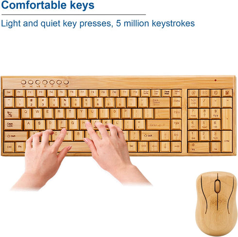 Bamboo Keyboard and Mouse, 2.4GHz Computer Devices with USB Receiver, Optional 1200DPI MouseCompact KeyboardWireless Keyboard and Mouse Combo (Mou...