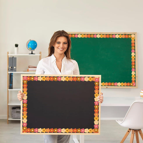 Whaline 32.8ft Groovy Retro Hippie Flower Bulletin Board Borders Boho Flower Die-Cut Bulletin Board Flower Shape Rolled Bulletin Board Trim for Sc...