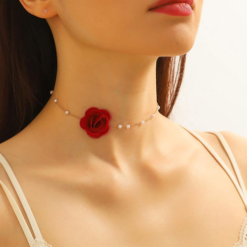 Rose Flower Choker Necklace Vintage Pearl Choker Necklace for Women Floral Choker Rose Choker Bride Wedding Party Summer Necklace (Red)...